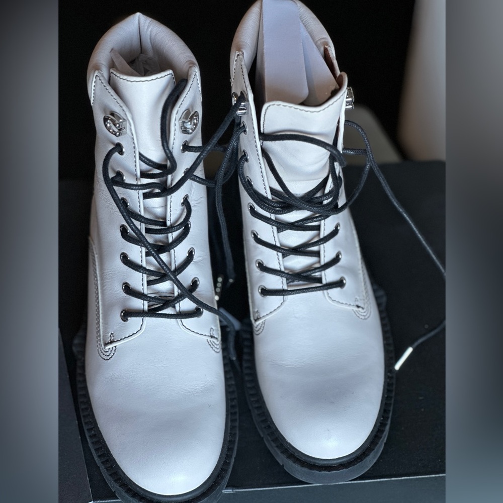 Coach larimer leather chalk/bone boots. NIB, pristine condition. Sz 7.5